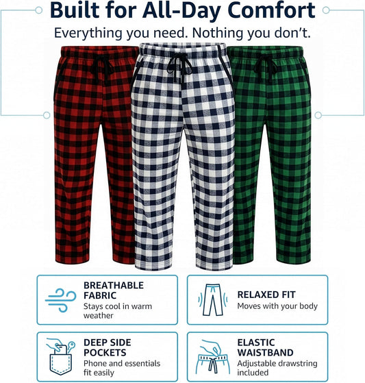 Mens Pajama Pants 3-Pack Ultra-Soft Cotton Sleep & Lounge Bottoms with Pockets Elastic Waist