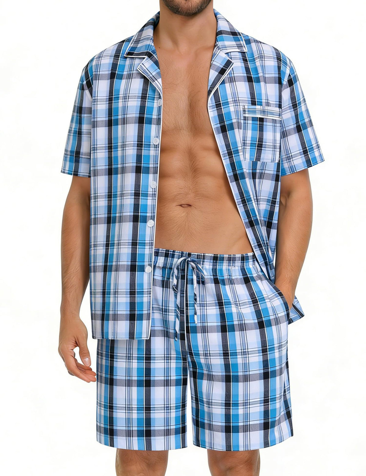 SWOMOG Mens 100% Cotton Pajama Set 2Pcs Button Down Pjs Set Short Sleeve Sleepwear with Pocket Soft Summer Stripe Nightwear