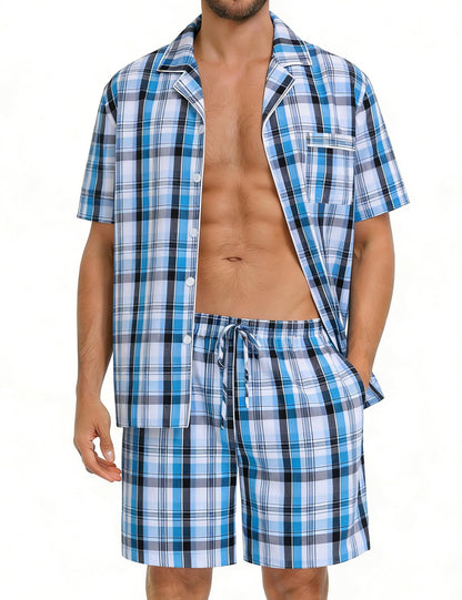 SWOMOG Mens 100% Cotton Pajama Set 2Pcs Button Down Pjs Set Short Sleeve Sleepwear with Pocket Soft Summer Stripe Nightwear