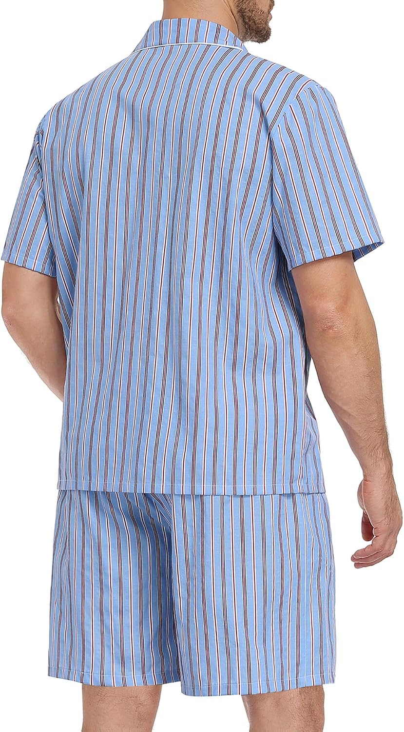 SWOMOG Mens 100% Cotton Pajama Set 2Pcs Button Down Pjs Set Short Sleeve Sleepwear with Pocket Soft Summer Stripe Nightwear