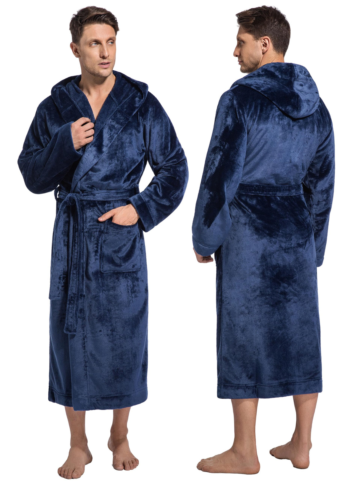 ToastyLife Mens Soft Plush Fleece Long Robe, Hooded Bathrobe with Pockets