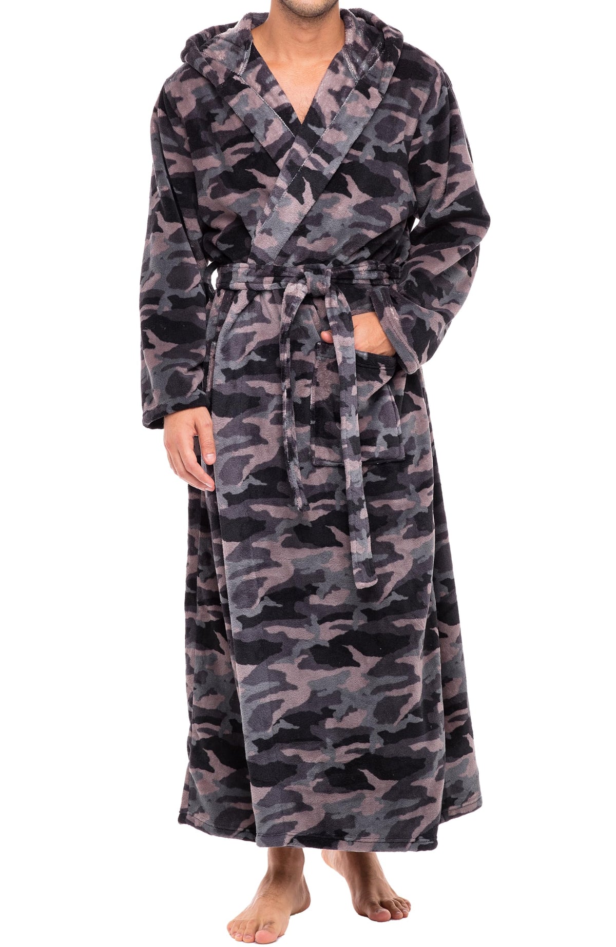 Men's Plush Fleece Hooded Robe with Pockets, Long Bathrobe