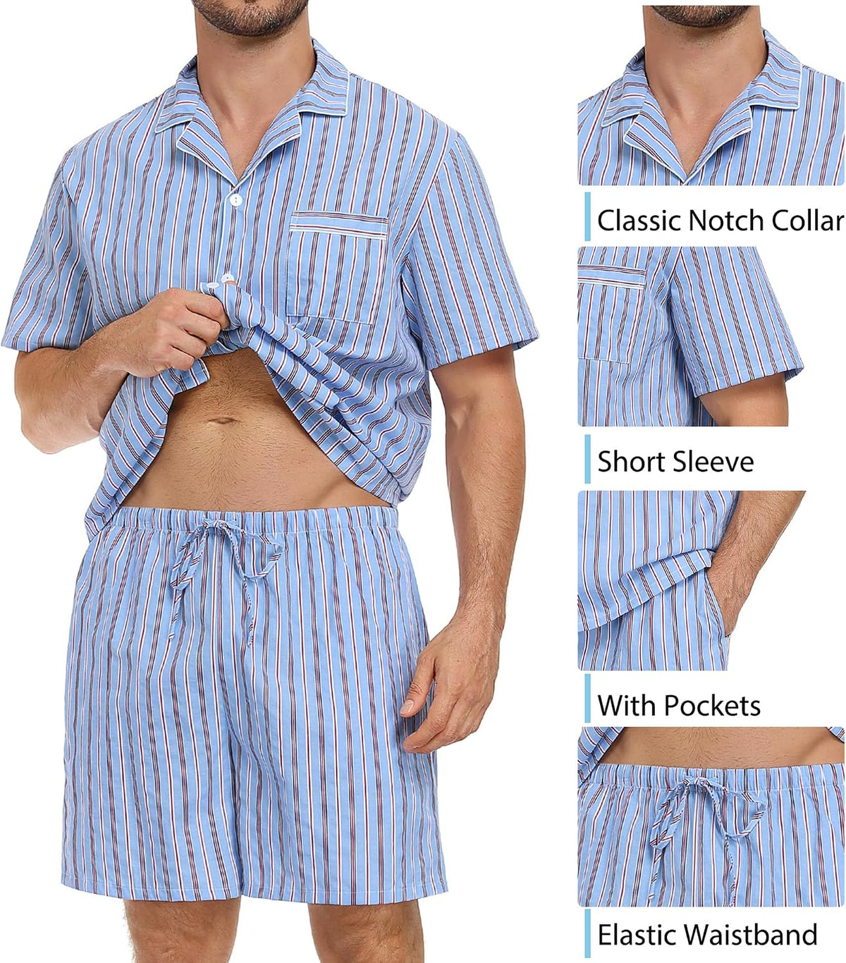 SWOMOG Mens 100% Cotton Pajama Set 2Pcs Button Down Pjs Set Short Sleeve Sleepwear with Pocket Soft Summer Stripe Nightwear