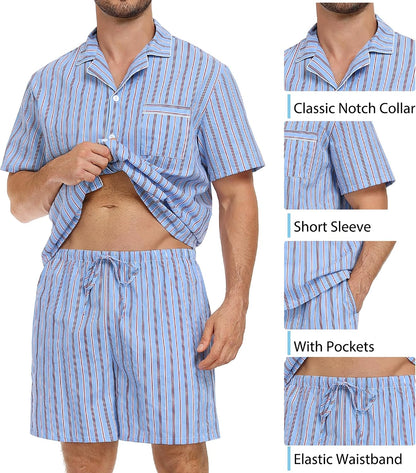 SWOMOG Mens 100% Cotton Pajama Set 2Pcs Button Down Pjs Set Short Sleeve Sleepwear with Pocket Soft Summer Stripe Nightwear
