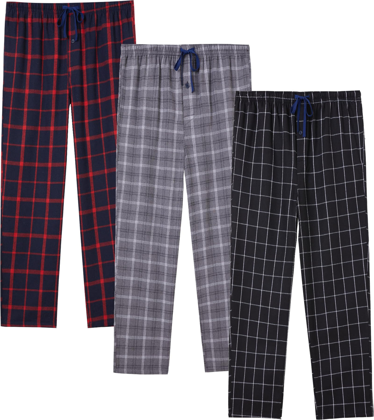 JupiterSecret Mens Pajama Pants Set Flannel Cotton Sleep & Lounge Pants 3 Pack, PJ Bottoms with Pockets and Button Fly
