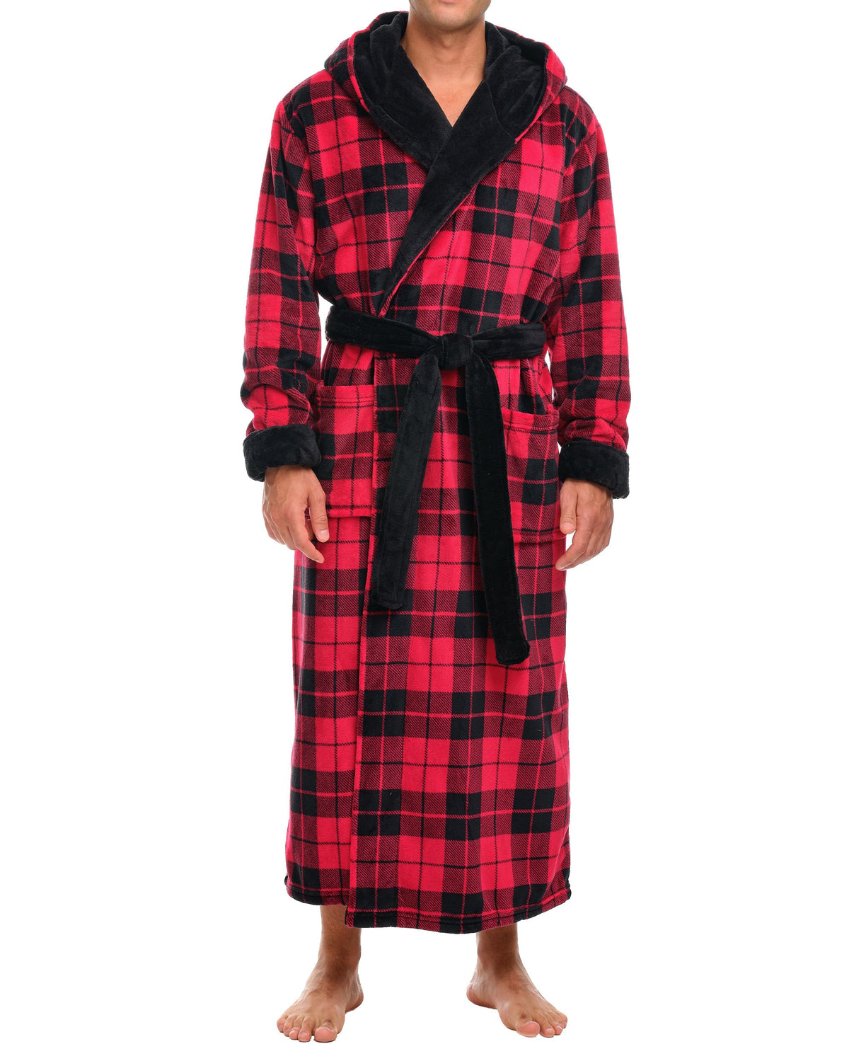 Men's Plush Fleece Hooded Robe with Pockets, Long Bathrobe