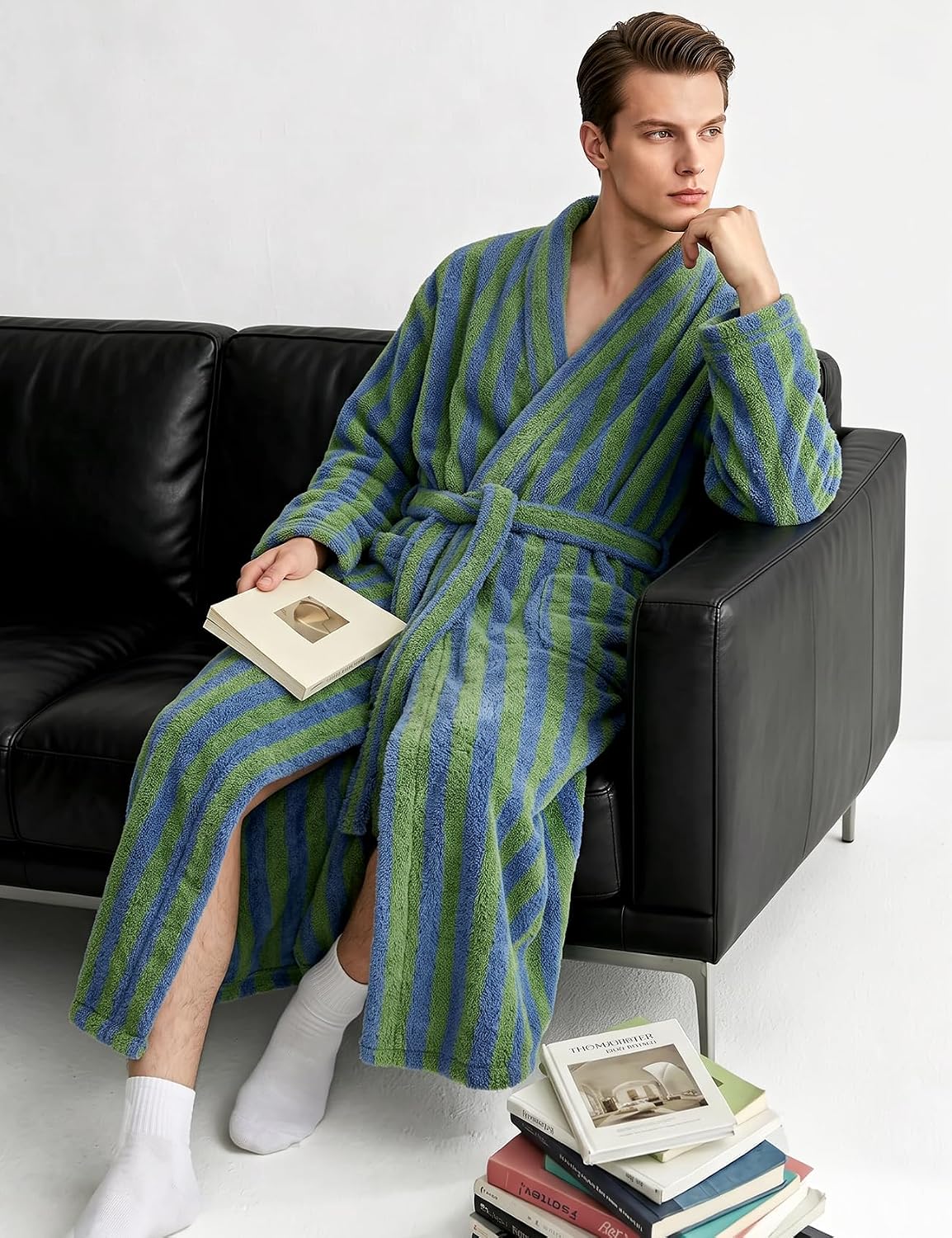 Arssm Mens Striped Plush Robe Long Fluffy Fuzzy Cozy Bathrobe
