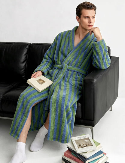 Arssm Mens Striped Plush Robe Long Fluffy Fuzzy Cozy Bathrobe