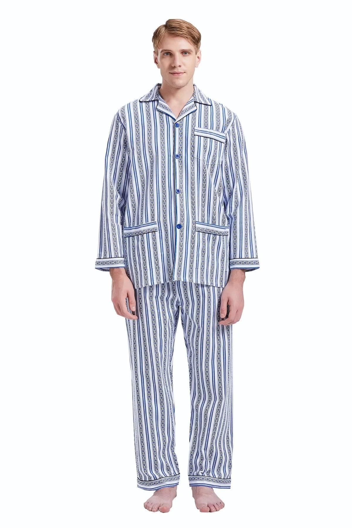 GLOBAL Men's Pajamas Sets 100% Cotton Flannel Sleepwear Long-Sleeve top & Bottom