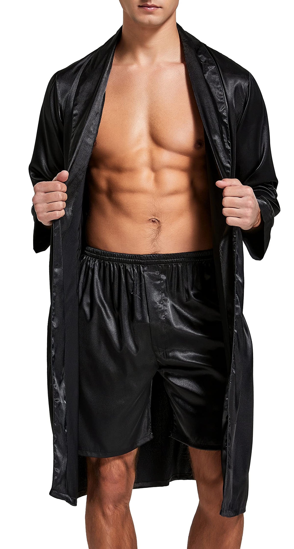 Mens Satin Robe Silk Long Sleeve Bathrobe with Shorts Set Kimono Sleepwear