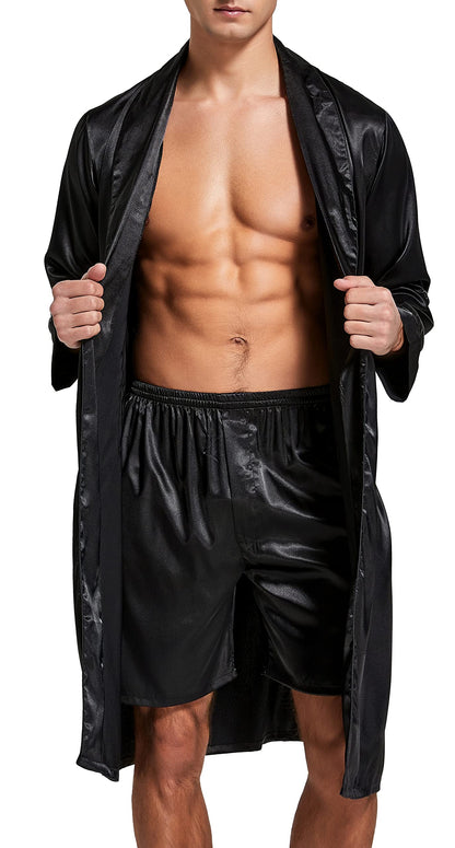 Mens Satin Robe Silk Long Sleeve Bathrobe with Shorts Set Kimono Sleepwear