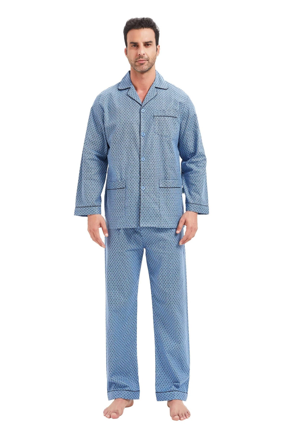 GLOBAL Men's Pajamas Sets 100% Cotton Flannel Sleepwear Long-Sleeve top & Bottom