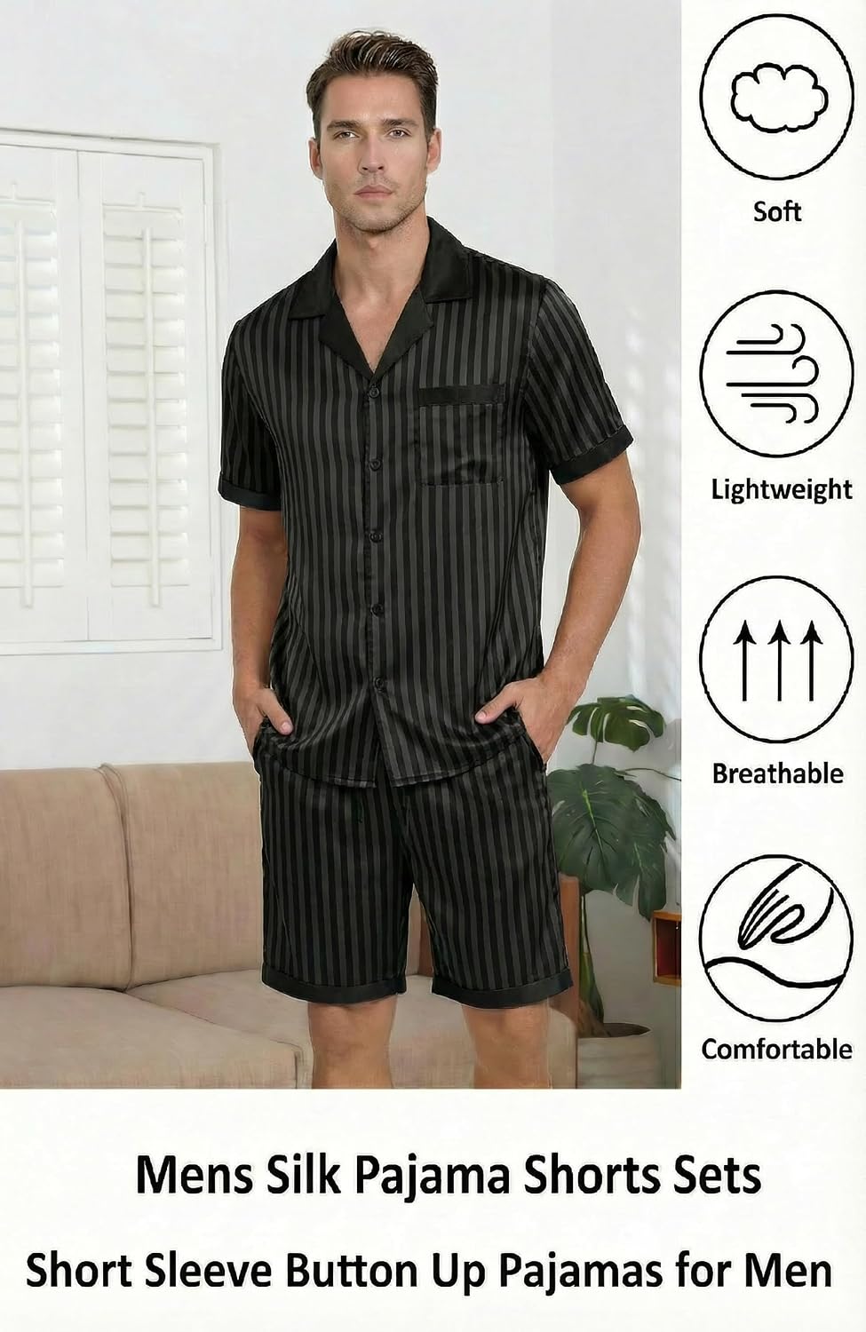 Ekouaer Men Silk Pajamas Set 2 Pieces Satin Pj Button Down Loungewear Sets