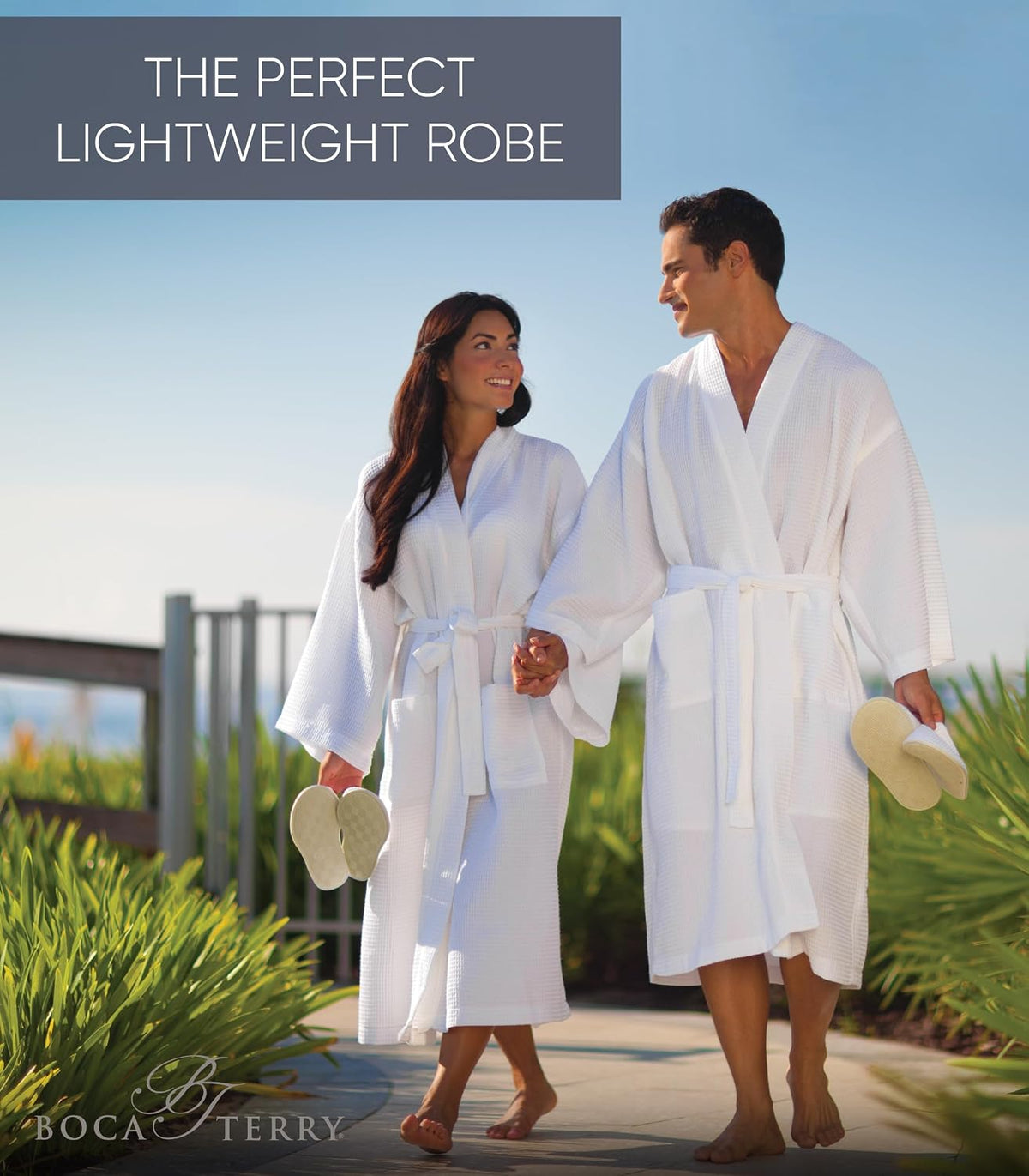 Men's Waffle Robe by BOCA TERRY, Waffle Knit Spa Robe, Long Lightweight Cotton Kimono Hotel Bathrobe