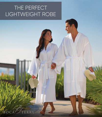 Men's Waffle Robe by BOCA TERRY, Waffle Knit Spa Robe, Long Lightweight Cotton Kimono Hotel Bathrobe
