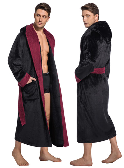 ToastyLife Mens Soft Plush Fleece Long Robe, Hooded Bathrobe with Pockets