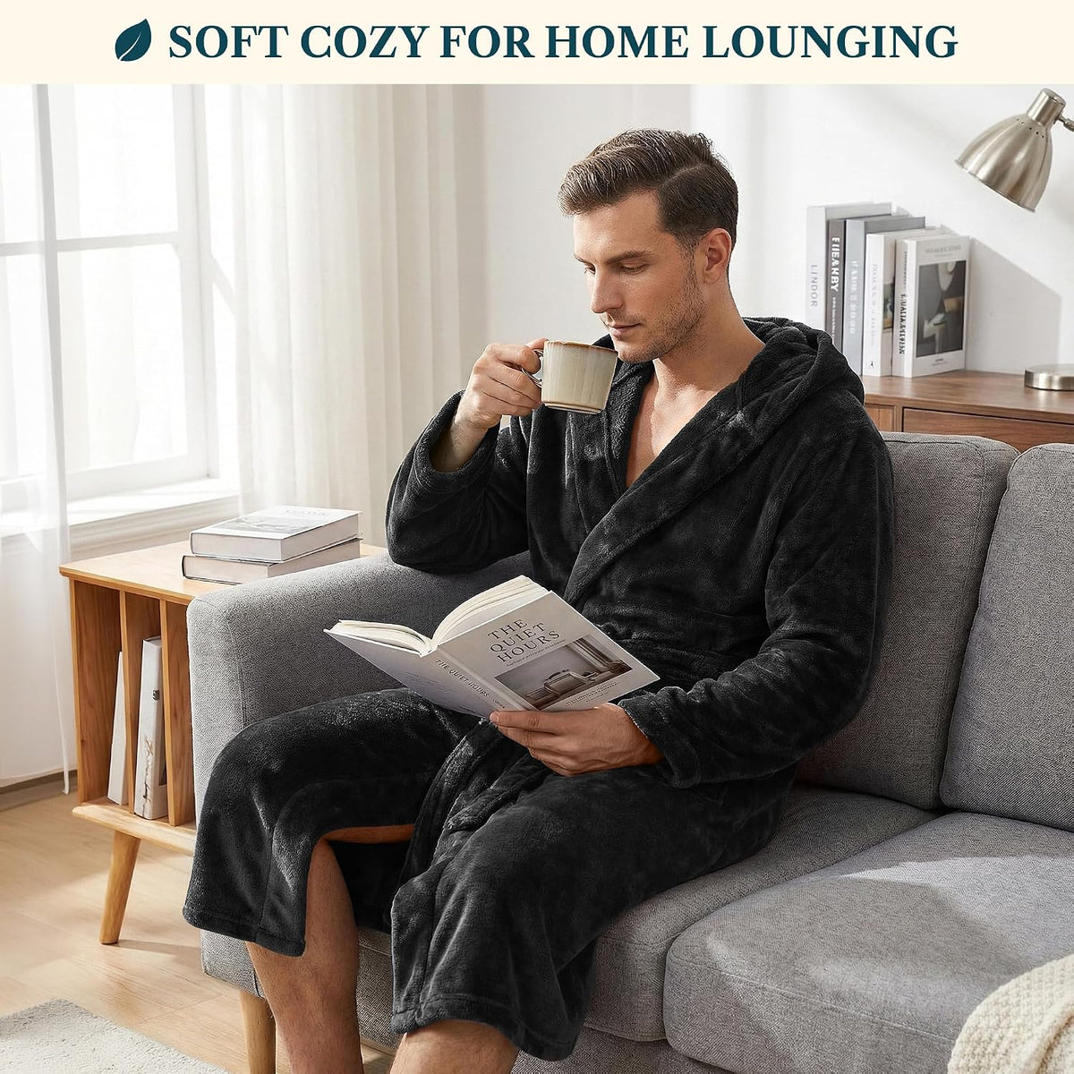 PAVILIA Men's Hooded Fleece Bathrobe Lightweight Long Robe for Men Shower