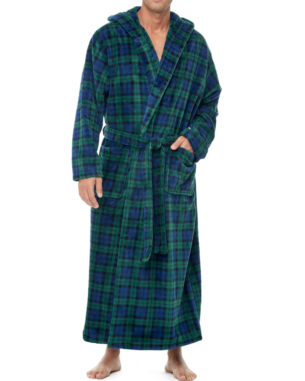 Men's Plush Fleece Hooded Robe with Pockets, Long Bathrobe