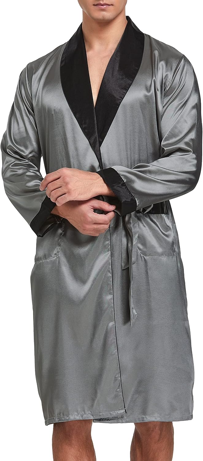 Mens Satin Robe Silk Long Sleeve Bathrobe with Shorts Set Kimono Sleepwear