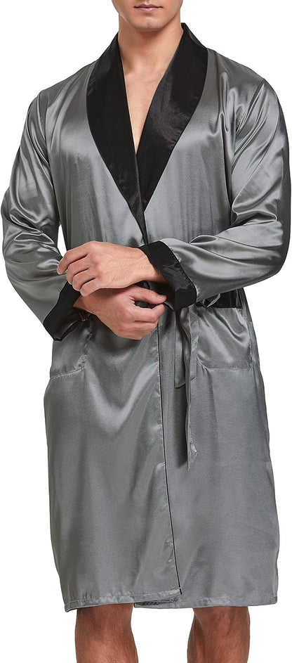 Mens Satin Robe Silk Long Sleeve Bathrobe with Shorts Set Kimono Sleepwear