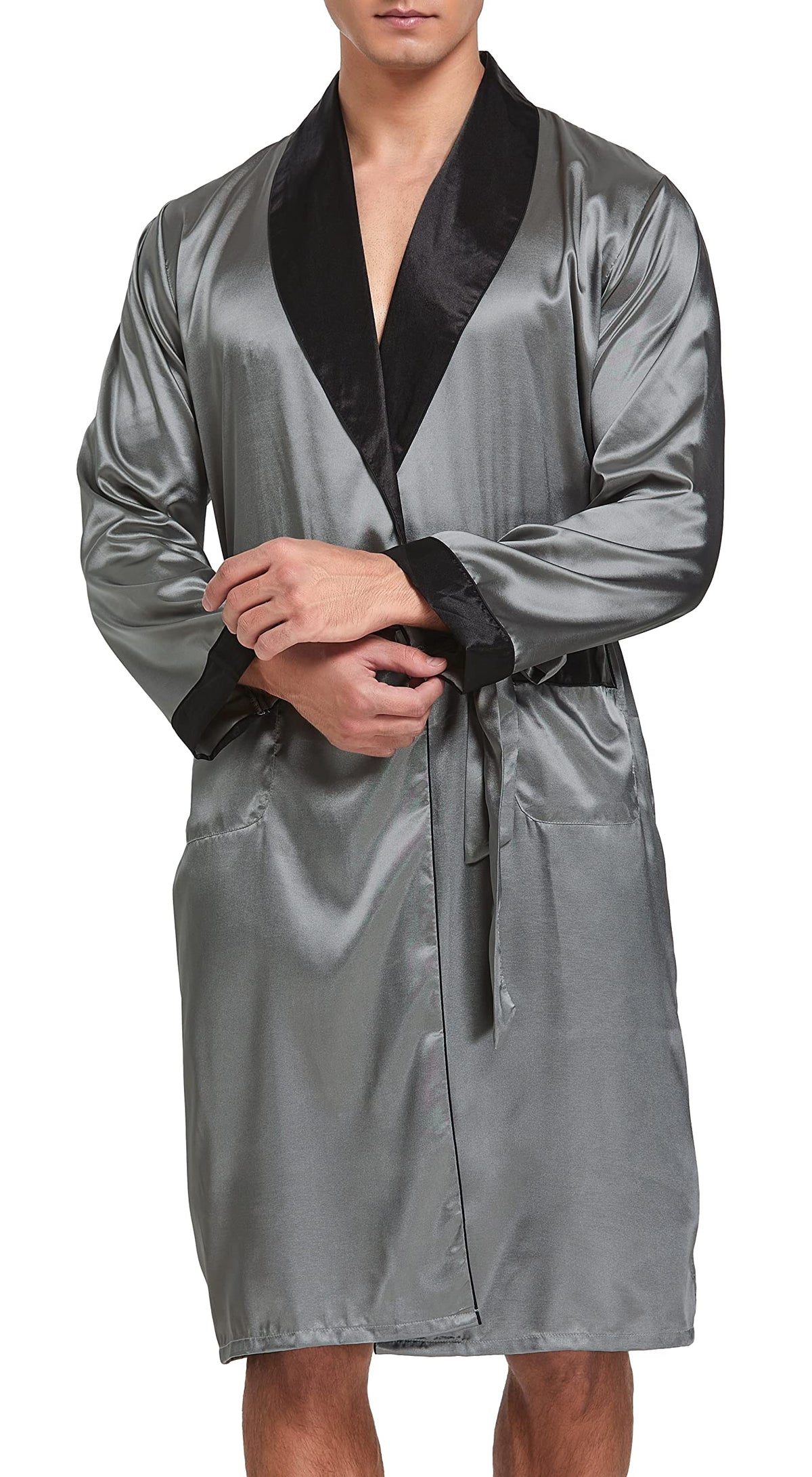 Mens Satin Robe Silk Long Sleeve Bathrobe with Shorts Set Kimono Sleepwear