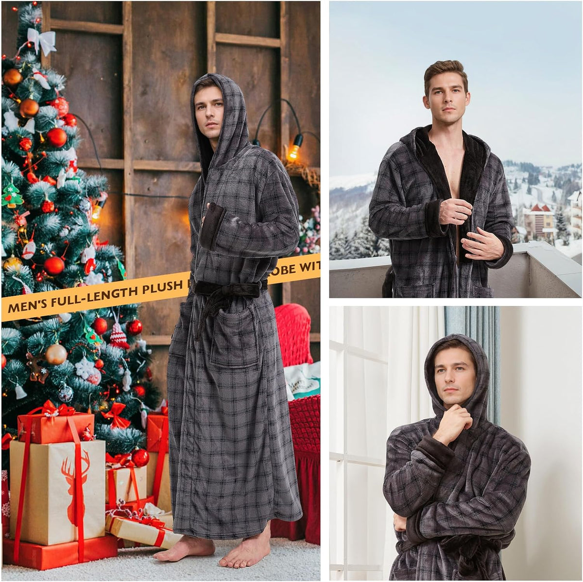 Cozy Plush Fleece Robe for Men, Big and Tall Hooded Long Robe, Warm Loungewear, Shawl Collar Pocketed Bathrobe