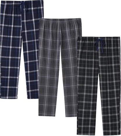 JupiterSecret Mens Pajama Pants Set Cotton Lightweight Plaid Sleep & Lounge 3-Pack PJ Bottoms with Pockets and Button Fly