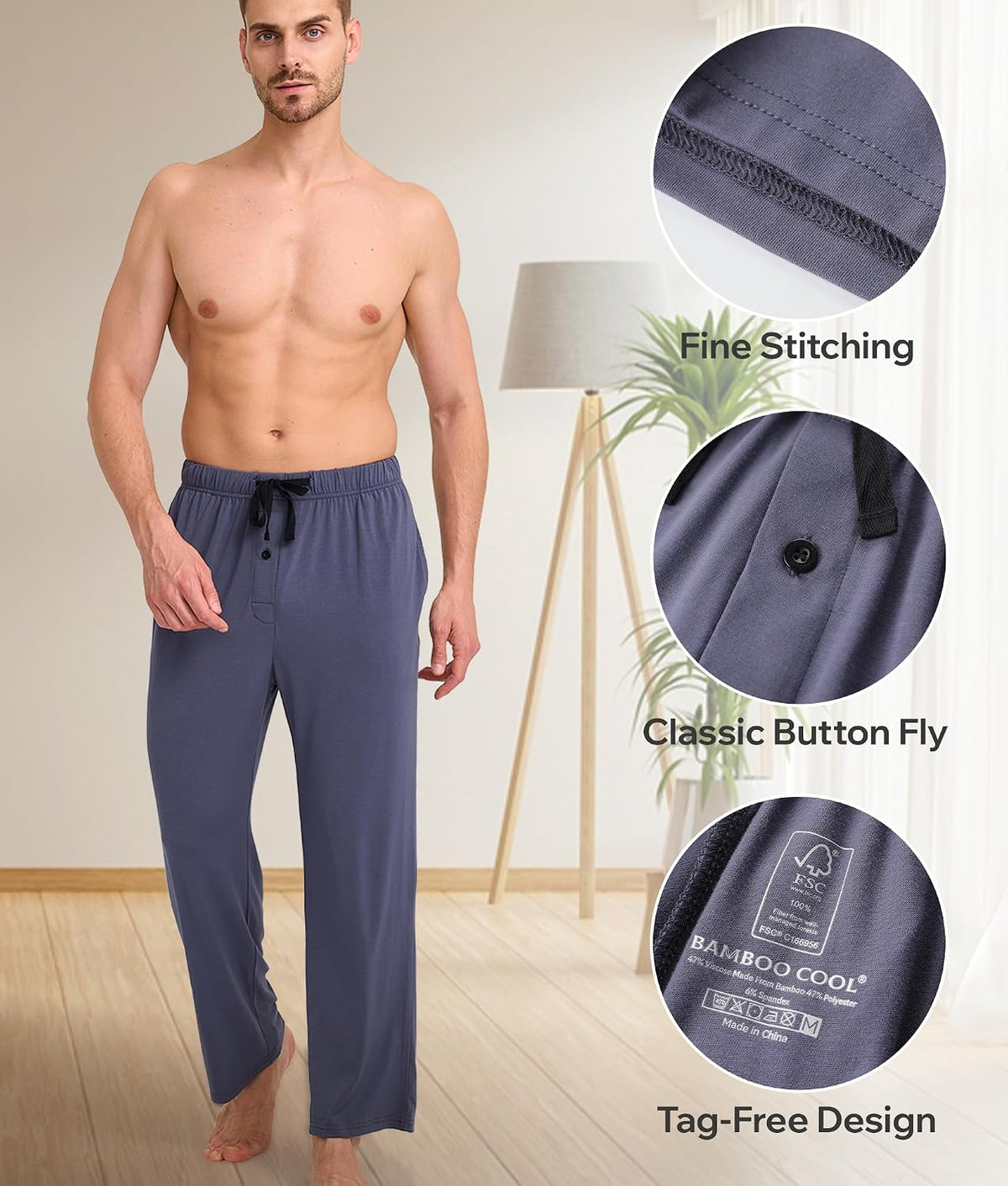 BAMBOO COOL Mens Pajama Bottoms Soft Comfy Sleepwear with Pockets