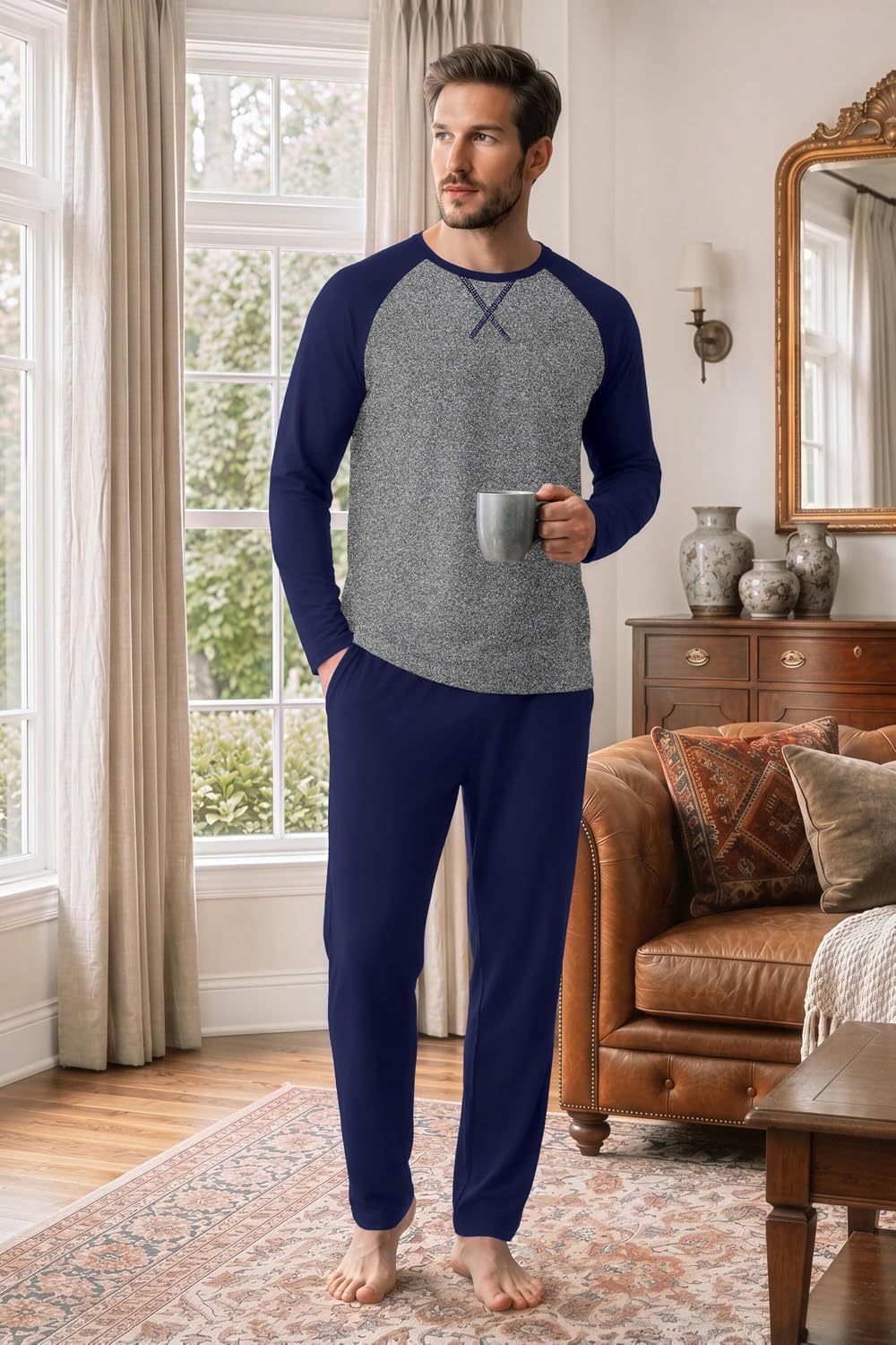 Ekouaer Mens Pajama Set Long Sleeve PJs Lightweight Sleepwear with Pockets