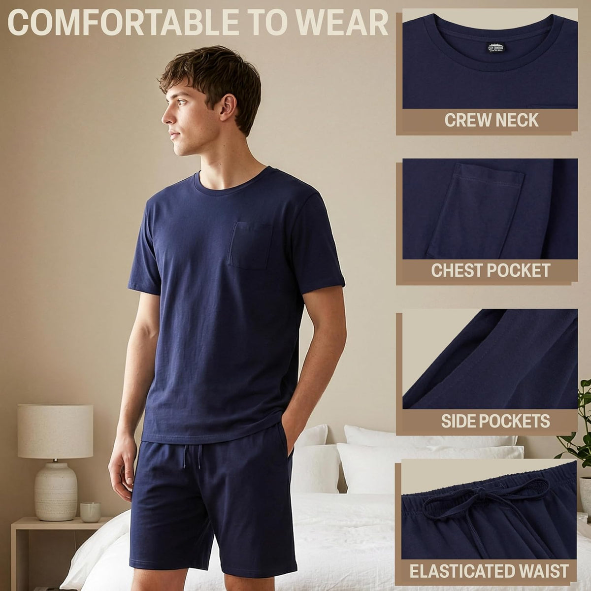 Get Trend Pajama Set for Men Teens, 2 Pc Soft Breathable Pajamas, T Shirt & PJ Shorts with Pockets, Lounge Set, Gifts for Men