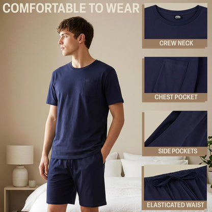 Get Trend Pajama Set for Men Teens, 2 Pc Soft Breathable Pajamas, T Shirt & PJ Shorts with Pockets, Lounge Set, Gifts for Men