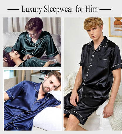 SWOMOG Men Satin Silk Pajamas Sets Short Sleeve Sleepwear Button-Down PJs Sets Two-Pieces Loungewear with Pockets