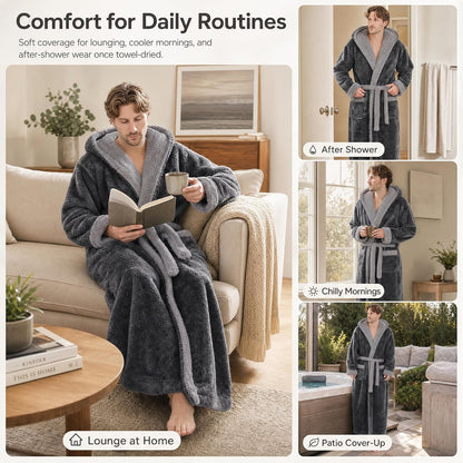 PJGGZ Mens Plush Robes Full Length, Big and Tall Fleece Hooded Bathrobe Warm Fluffy Cozy Winter Housecoat Floor Length