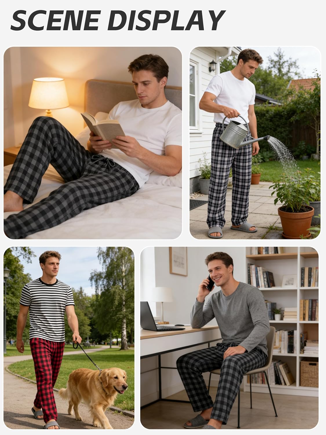 3 Pack Mens Pajama Pants Cotton Woven Plaid Sleep Lounge PJ Bottoms