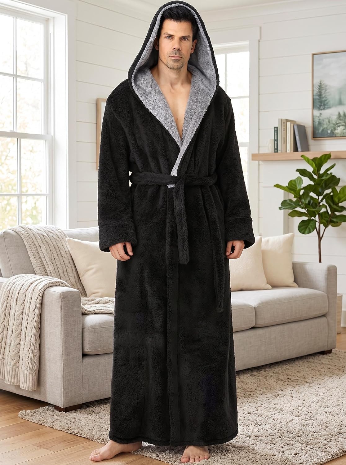 Artfasion Plush Mens Robe with Hooded: Fluffy Long Spa Bathrobe for House