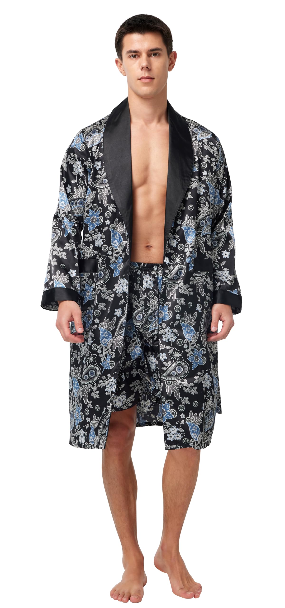 Mens Satin Robe Long Sleeve Silk Kimono Bathrobe with Shorts Set Sleepwear