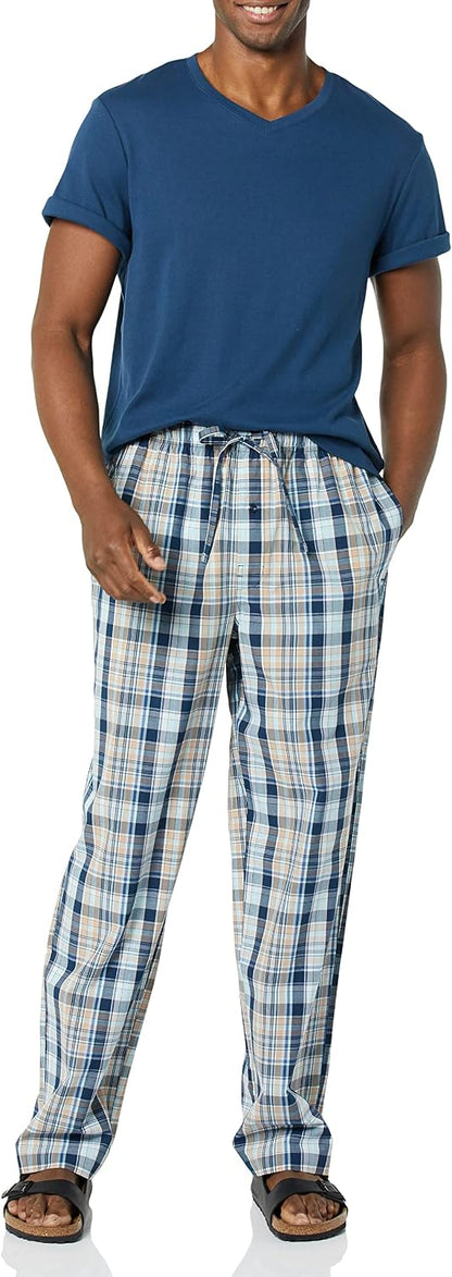 Amazon Essentials Men's Cotton Stretch Poplin Pant with Cotton Jersey T-Shirt Pajama Set