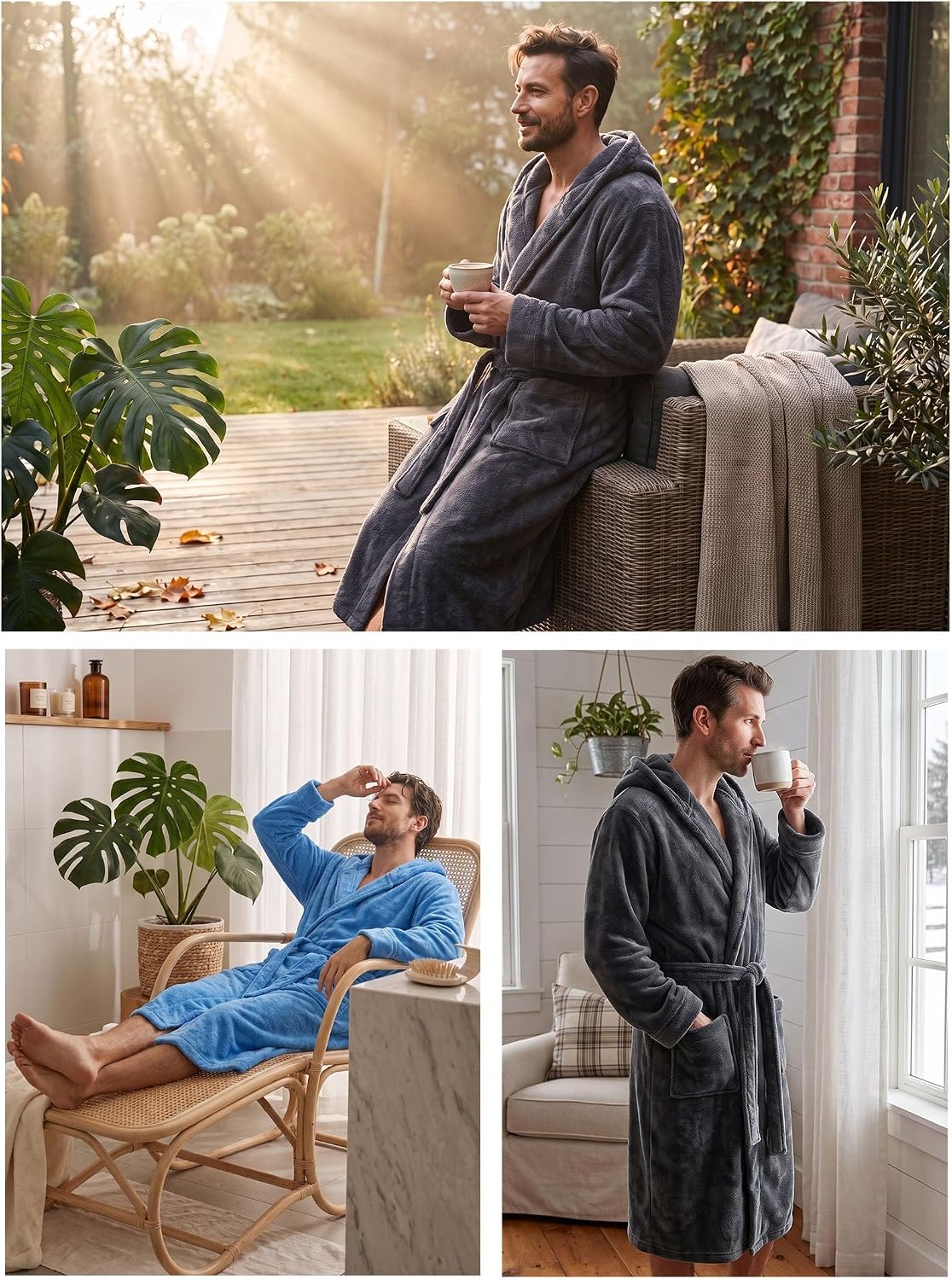 PrinStory Mens Hooded Robe Plush Fleece Robes Soft Long Bathrobe
