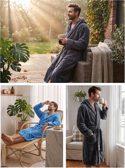 PrinStory Mens Hooded Robe Plush Fleece Robes Soft Long Bathrobe