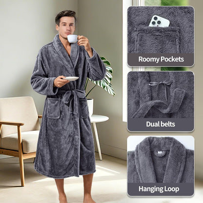 Inner Wish Mens Plush Fleece Robe, Highly Absorbent Cozy Warm Bathrobe Fuzzy Male Spa Long Robe With Pockets