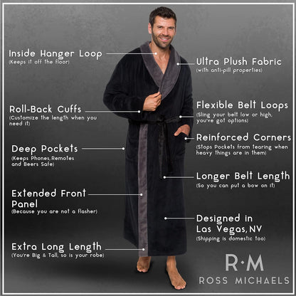 Ross Michaels Mens Robe Big & Tall - Long Plush Shawl Collar Fleece Bathrobe
