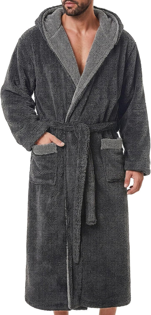 GIISAM Mens Robes Soft Fleece Plush Warm Hooded Thick Heavy Cozy House Coat