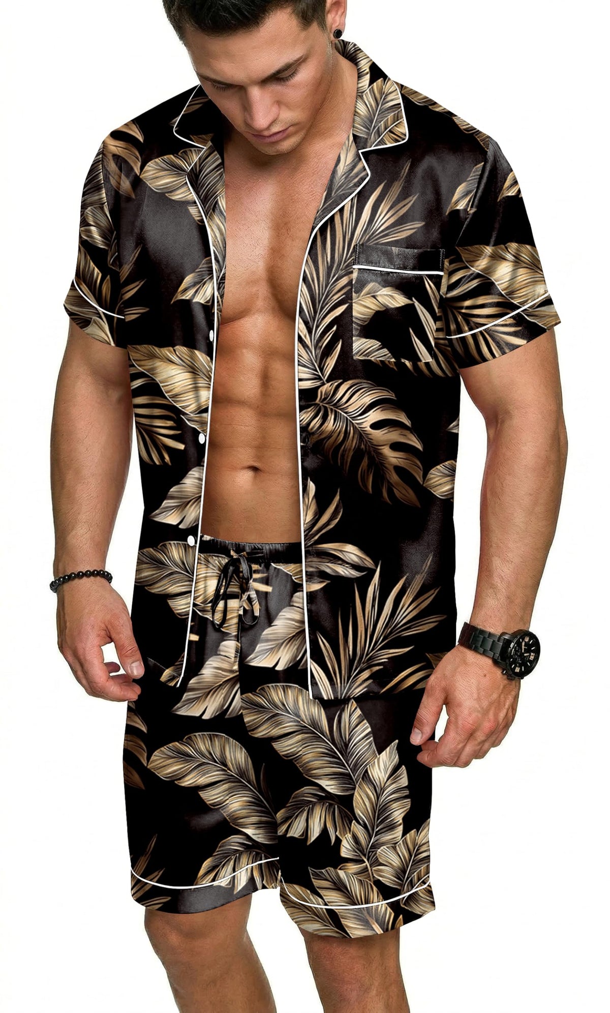 Ekouaer Mens Silk Satin Pajamas Set Short Sleeve Button Up Lounge Pjs Set