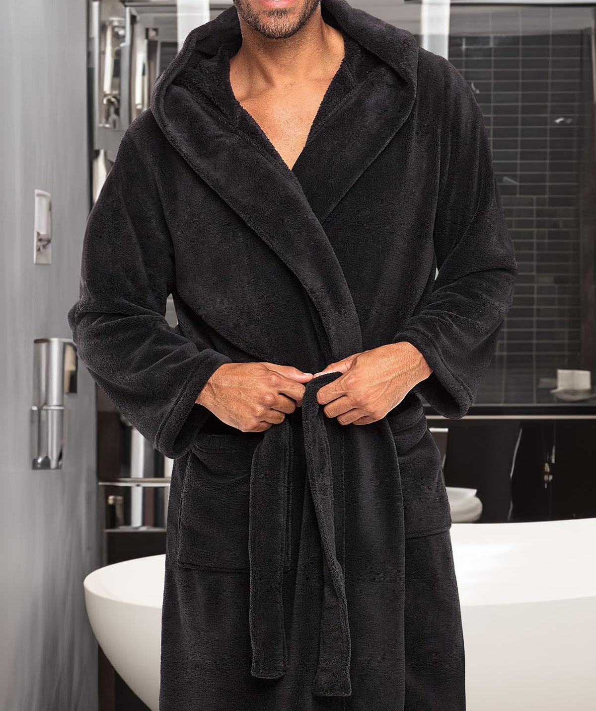 Men's Plush Fleece Hooded Robe with Pockets, Long Bathrobe