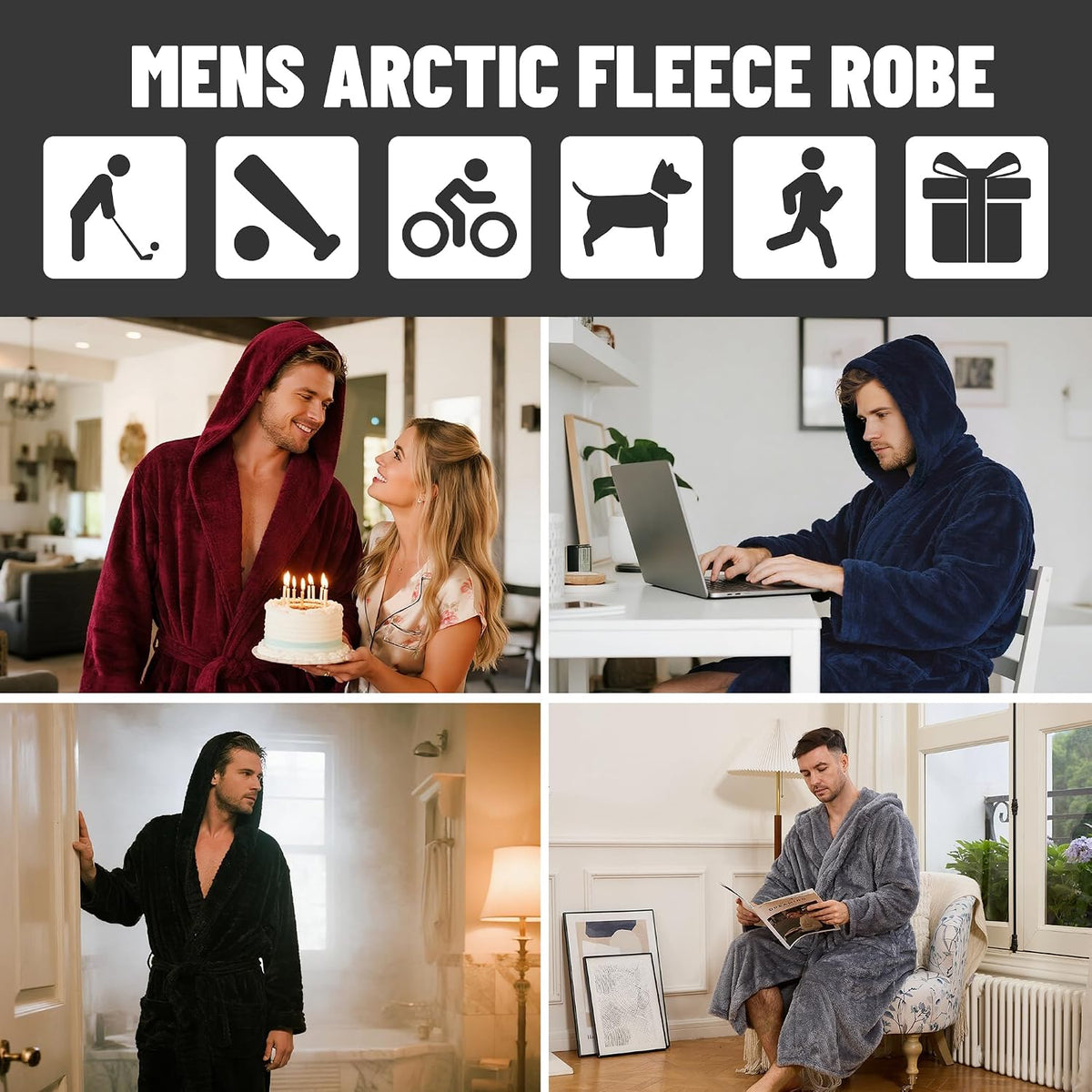 Mens Fleece Hooded Robe, Plush Robes Cozy for Men, Soft Warm Bathrobe Shower Spa Long Robe With Pockets