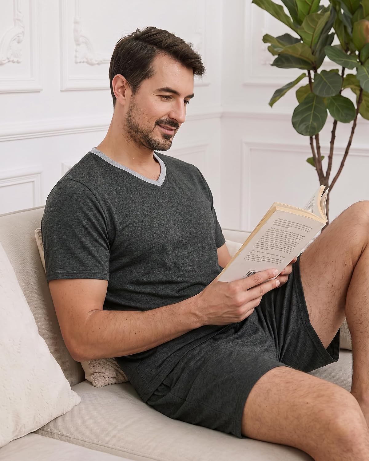 MyFav Mens Pajama Set Soft V Neck PjsShort Sleeves Shirts and Shorts Loungewear Solid Color Sleep Sets