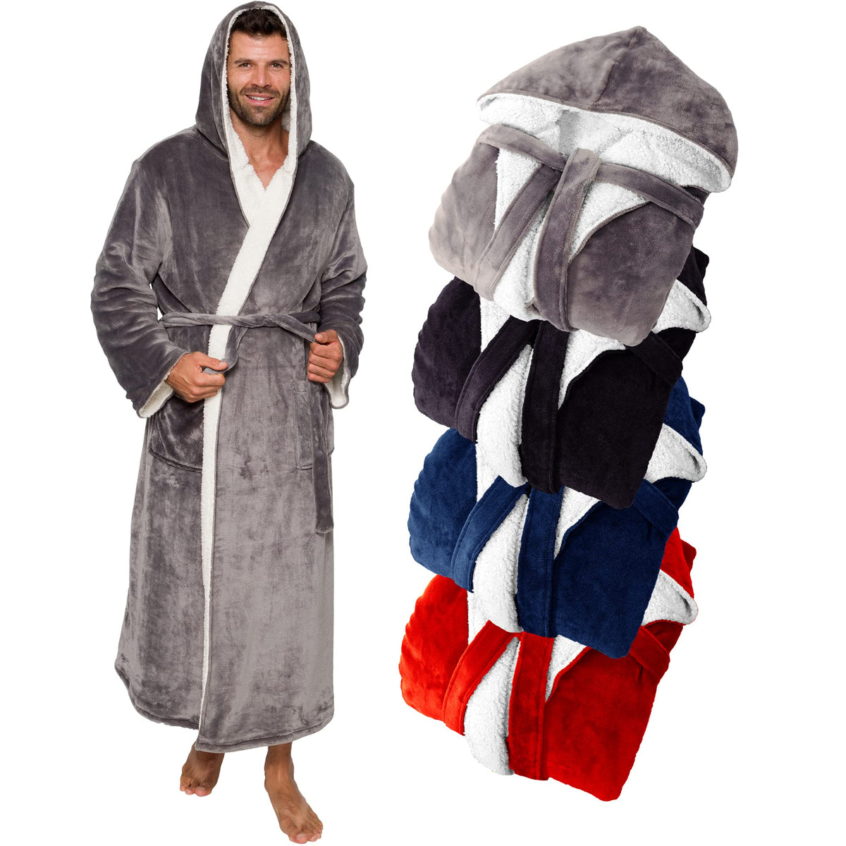Ross Michaels Mens Luxury Robe Hooded Big and Tall - Long Plush Fleece Bath Robe with Hood and Pockets- Gift Men and Teens