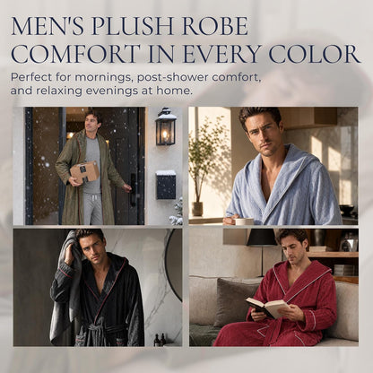 Mens Hooded Fleece Robe Plush Stretch Bathrobe