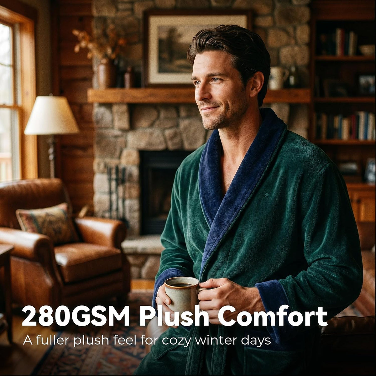 Vulcanodon Mens Robe Plush Fleece Shawl Collar Bathrobe Warm Soft Cozy Lounge Robe with Pockets
