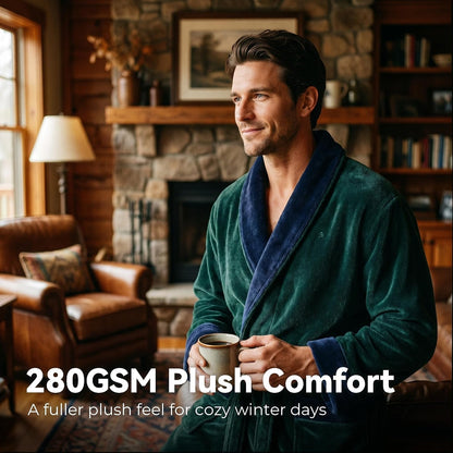 Vulcanodon Mens Robe Plush Fleece Shawl Collar Bathrobe Warm Soft Cozy Lounge Robe with Pockets